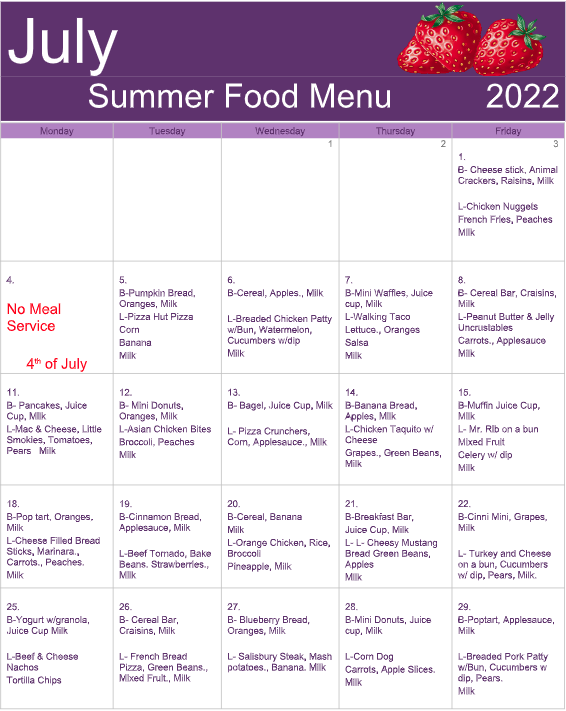 Summer Food July Menu